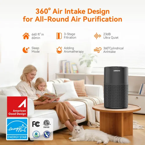 Vista 2 de AIRROMI Purificador de aire para mascotas para alergias en el hogar, hasta 660 pies ². Filtro de carbón activado desodorizante HEPA, con esponja