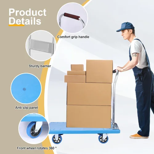 Vista 4 de Carro de mano de plataforma resistente para mudanza, plataforma plegable con ruedas giratorias de 360 grados, carrito de mano plegable para carga