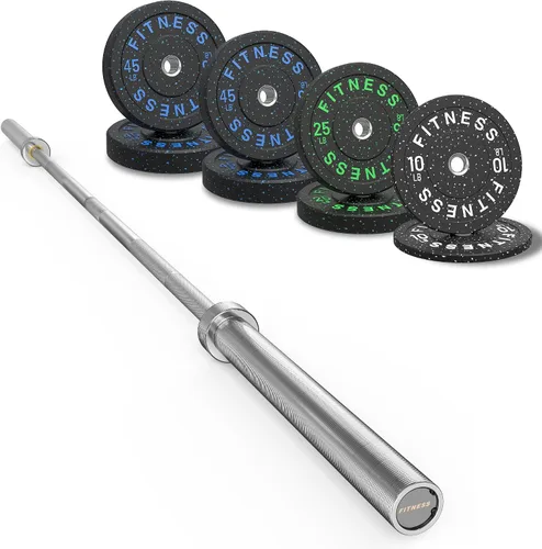 Vista 31 de Olympic Barbell Set, 2-Inch Bumper Plates with Weight Plate Rack Colored Crumb Rubber Weight Plates for Weight Lifting & Strength Training, 90–530