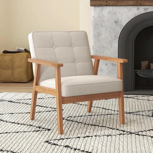 Vista 3 de Silla decorativa moderna con reposabrazos, silla de ocio tapizada de tela de lino con botón de respaldo y marco de madera para sala de estar, Beige