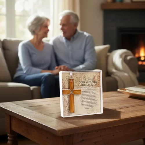 Vista 2 de The Grandparent Gift Co. Cruz de cristal hecha a mano con deseos de aniversario de boda 50 50TH
