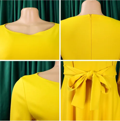 Vista 4 de SEMATOMALA Vestido largo acampanado para mujer, con lazo en la cintura, cuello redondo, manga 34, cintura alta, talla grande, acampanado