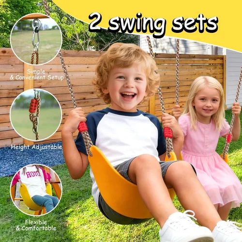 Vista 4 de SUNIBOXI Juegos de columpios de madera para patio trasero, juego de parque infantil al aire libre con barras de mono, tobogán ondulado, 2 columpios
