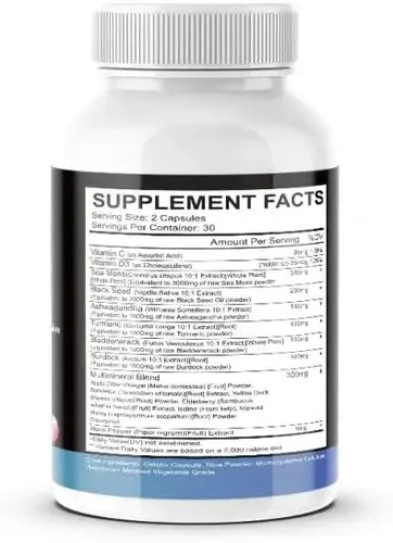 Vista 5 de Musgo marino 3000 mg Aceite de semilla negra 2000 mg Ashwagandha 1000 mg cúrcuma 1000 mg vejiga 1000 mg bardana 1000 mg y vitamina C y D3 con saúco