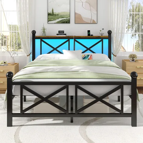 Vista 11 de DynJest Base de cama negra de tamaño individual con luces LED, cama de metal resistente con cabecera y piecero, estante de almacenamiento con Negro