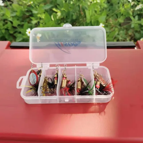 Vista 6 de 10 unidades de Señuelos de pesca Spinnerbait, kit de cebos de metal duro para róbalo, trucha, salmón, con cajas de anzuelos