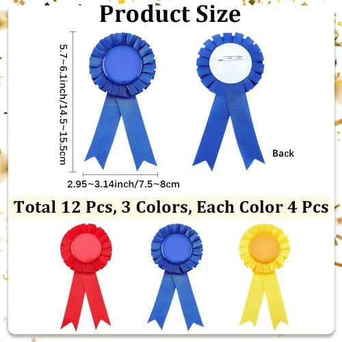 Vista 2 de CRASPIRE 12 unidades de 3 colores en blanco con botón de cinta de premio en el primer lugar, broche ganador de la victoria, roseta, gran premio