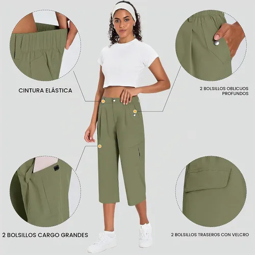 Vista 4 de Women's Quick Dry Hiking Pants Lightweight Cargo Capris Verde militar