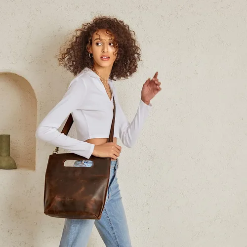 Vista 7 de S-ZONE Women Vintage Genuine Leather Crossbody Bag Distressed Foldable Clutch Top Handle Handbag Purse