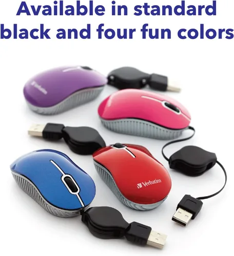 Vista 7 de Verbatim Ratón óptico con cable mini USB-A para computadora – Plug & Play con cable pequeño de viaje con cable retráctil – Negro 98113