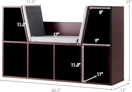Vista 3 de HONEY JOY Organizador de rincón de lectura con cojín de asiento, estantería para niños con rincón de lectura, estante de almacenamiento de esquina