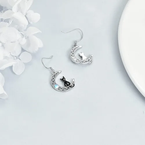 Vista 3 de CRMAD Aretes de luna de gato, piedra lunarperla para mujer, plata de ley, cristal celta, luna blanca y negra, joyería irlandesa para mamá, Metal,