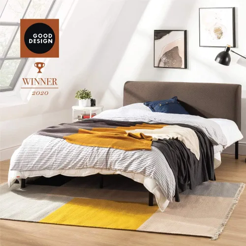 Vista 3 de Mellow BREE - Cama de plataforma de metal con cabecera tapizada curva, listones de acero, fácil montaje, marrón expreso, tamaño matrimonial Marrón