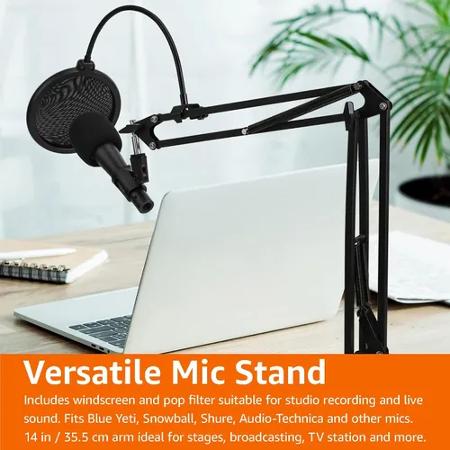 Vista 9 de Amazon Basics Soporte de micrófono ajustable, filtro pop, pantalla antiviento, para Blue Yeti, Snowball, Shure, Audio-Technica, otros micrófonos, 14