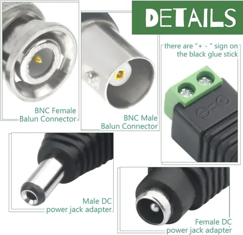 Vista 3 de WMYCONGCONG 20 conectores de adaptador de corriente CC hembra y macho de 0.083 x 0.217 in + 20 conectores balun para cámara de video BNC macho