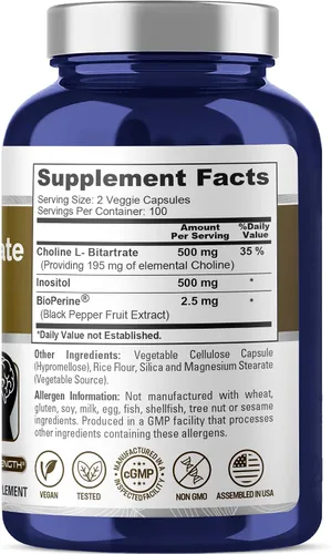 Vista 2 de NusaPure Colina e inositol - Apto para vegetarianos/veganos, sin OMG - 1000 mg - 200 cápsulas vegetales