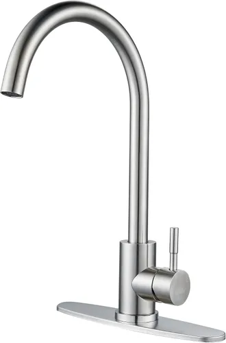 Vista 11 de Grifo de cocina de arco alto de una sola manija en oro cepillado, grifo de fregadero de cocina comercial de un solo agujero de acero inoxidable