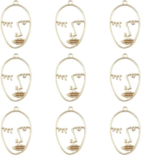 Vista 13 de Craftdady Colgantes de bisel abierto de cara abstracta, colgantes de bisel humano con espalda abierta, color dorado, marco hueco, perfil, cabeza