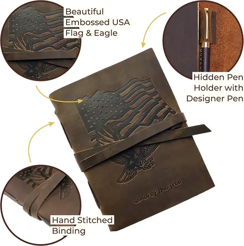Vista 2 de Diario encuadernado en cuero para hombres y mujeres, juego de regalo patriótico hecho a mano con bandera de Estados Unidos y águila en relieve