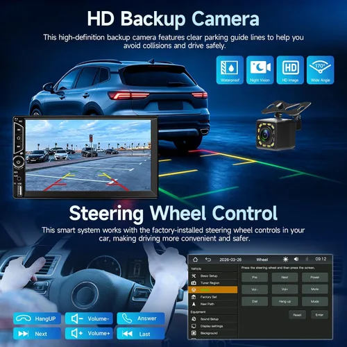 Vista 6 de Estéreo de coche de doble DIN con cámara de tablero, compatible con Apple Carplay, Android Auto, receptor de radio de coche con pantalla táctil de 7