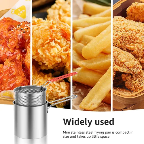 Vista 7 de Mini olla de acero inoxidable con asa y cesta coladora, mini freidoras de aceite para freidora, freidoras de grado alimenticio con tapa, olla