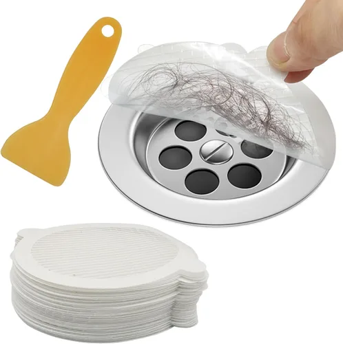 Vista 5 de LALOFE 40 unidades de atrapa pelo desechables para ducha, pantalla de drenaje de ducha de 5.11 x 4.33 pulgadas con raspador de goma amarillo