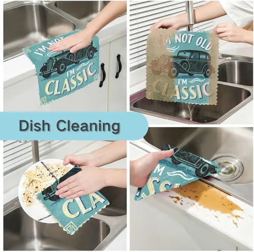 Vista 2 de Juego de 6 paños de cocina retro de los años 60 con estampado de automóvil brillante, toallas de cocina para la cocina, toallas brillantes