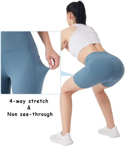 Vista 4 de YOGAFREE Pantalones cortos de ciclismo para mujer, cintura alta, pantalones cortos de entrenamiento elásticos en 8 direcciones, pantalones cortos