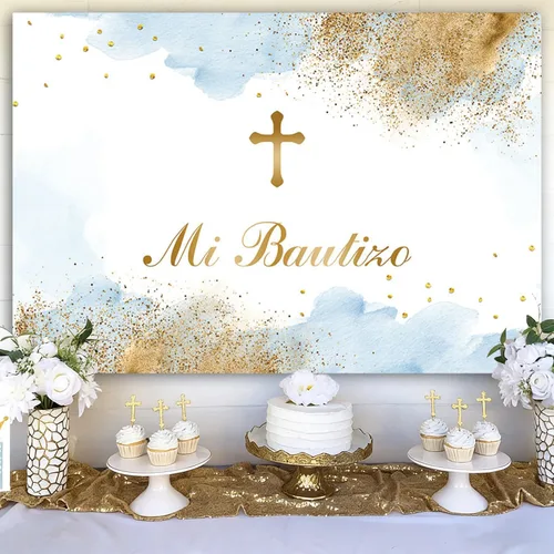 Vista 4 de Sendy Telón de fondo de 7 x 5 pies, decoración de fiesta de bautismo mexicano, Dios bendiga al niño, primera comunión, nubes de acuarela azul, fondo