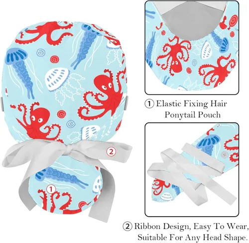 Vista 4 de Paquete de 2 gorras de trabajo con botones, banda para el sudor, gorras quirúrgicas ajustables para mujeres y hombres, pulpo de ballena oceánica