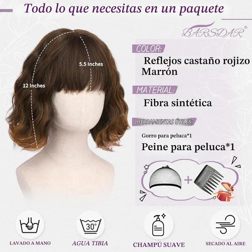 Vista 2 de BARSDAR Peluca corta ondulada con reflejos castaño, peluca corta ondulada con flequillo para mujer, gruesa, suave, sintética, texturizada, rizada