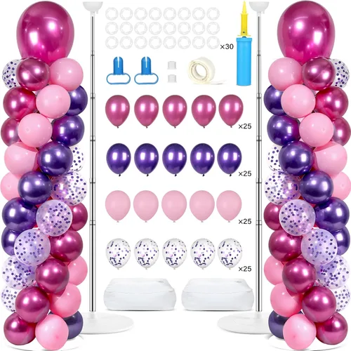 Vista 23 de Juego de 2 soportes de columna de globos plateados y blancos con 100 globos plateados con base para globos de confeti de suelo, kit de columna