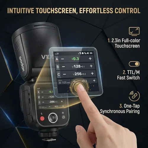Vista 5 de GODOX V100 C Godox Flash para Canon - Flash TTL de 100Ws para cámaras Canon EOS, control de pantalla táctil, 400 destellos de potencia completa
