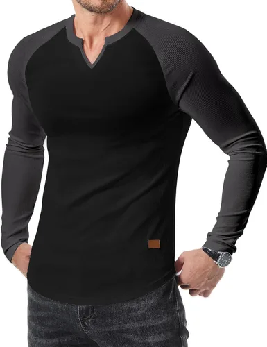 Vista 15 de JMIERR Camisetas de manga larga para hombre, estilo casual, cuello en V Negro+Blanco