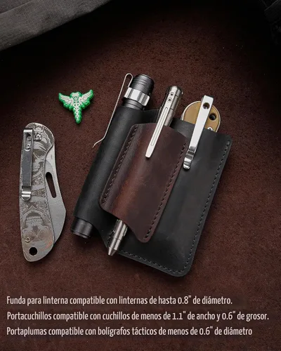 Vista 3 de VIPERAED PJ38 Funda multiherramienta de cuero para hombres, 4 en 1, organizador de bolsillo EDC para cuchillo de bolsillo, linterna multiherramienta