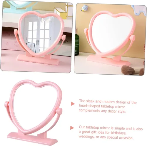 Vista 4 de Outanaya Espejo de mesa en forma de corazón de doble cara rosa tocador de escritorio decorativo espejo de 2 lados