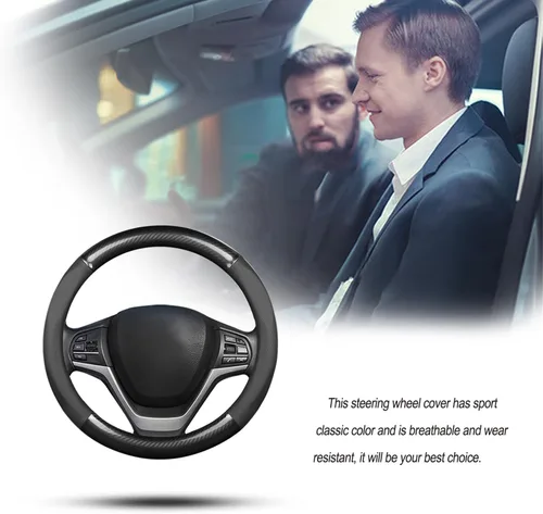 Vista 7 de Ergocar Funda deportiva de fibra de carbono y cuero PU para volante de automóvil, protector antideslizante para volante de automóvil universal