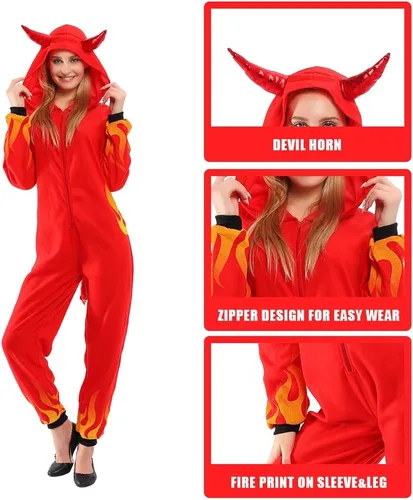 Vista 5 de AERO ARMOR Disfraz de diablo de fuego para mujer, disfraz de Halloween con capucha, pijama de demonio rojo, overol de cosplay
