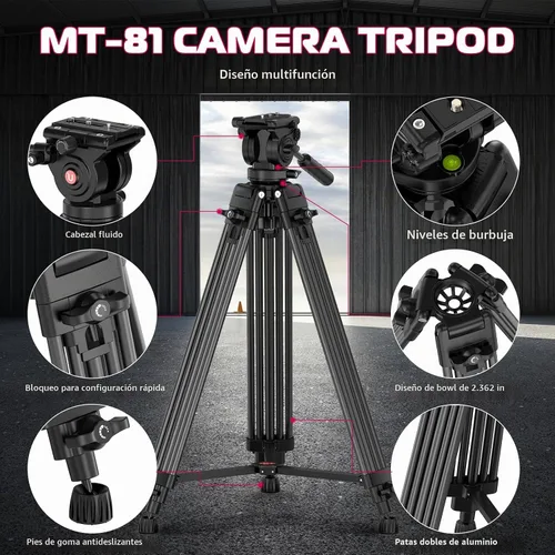 Vista 2 de ULANZI Trípode de video para cámara MT-81 con cabezal fluido de 360 grados, soporte de trípode de aleación de aluminio resistente de 61 pulgadas