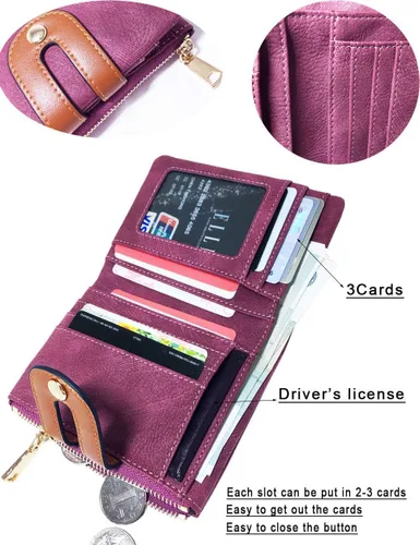 Vista 9 de AOXONEL Cartera pequeña de cuero plegable Rfid para mujer, con cremallera, bolsillo para tarjeta de identificación, delgada, compacta y delgada