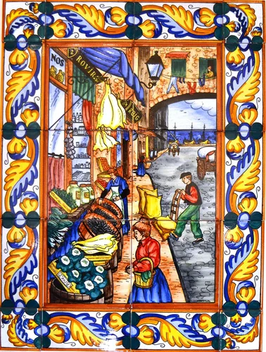 Vista 3 de Mural de cerámica pintado a mano Calles típicas/Mercado/MARKETPLACE con borde de borde. 17.72'' x 23.62''. 25379 Mural Calles típicas con borde