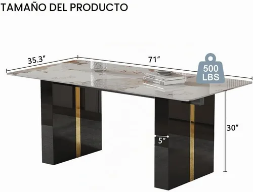 Vista 3 de Mesa de comedor moderna para mesa de comedor de mármol sintético blanco de 6, 8, 71 pulgadas, con patas negras y doradas, mesa de cocina rectangular