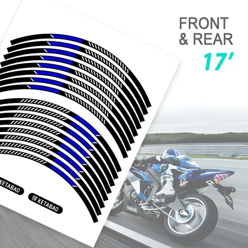 Vista 4 de KETABAO Calcomanías adhesivas de llanta de 17 pulgadas S05 compatibles con YZF R6 R1 MT 03 125 09 07 10 TRACER 700 FZ25 (azul)