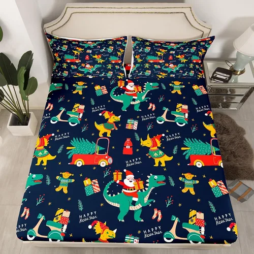 Vista 27 de Juego de sábanas con diseño de Papá Noel y muñeco de nieve para niños, niñas y niños, de temática navideña, juego de cama con diseño de árbol