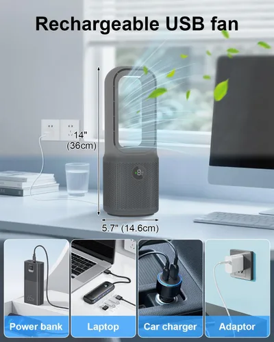 Vista 8 de Ventilador de escritorio sin aspas, ventilador de torre recargable USB de 14 pulgadas con 9 velocidades ajustables, 3 luces, oscilación de 60°