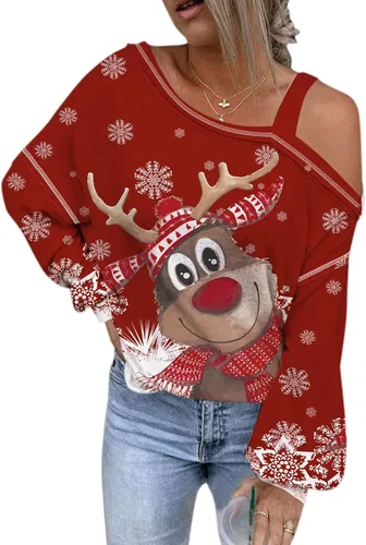 Vista 4 de Gosuguu Blusa de Navidad para mujer, con estampado de hombros descubiertos
