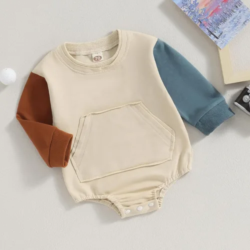 Vista 9 de Mameluco de manga larga con bloques de color para bebé, niño, niña, con bolsillo, cuello redondo, sudadera básica para otoño e invierno