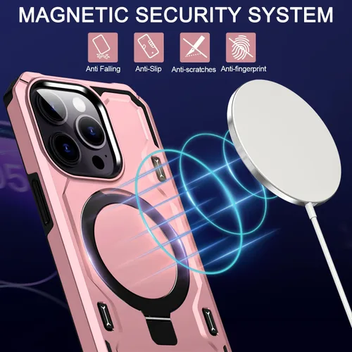 Vista 3 de Funda para iPhone 14 Pro, compatible con MagSafe, soporte invisible integrado y soporte de anillo, grado MIL, doble capa a prueba de golpes, funda