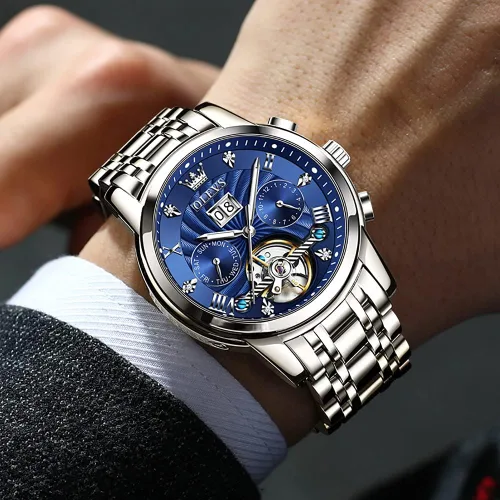 Vista 2 de OLEVS - Reloj automático para hombre con diseño de esqueleto de 5 manecillas, clásico, de lujo, multicalendario, de acero inoxidable, impermeable