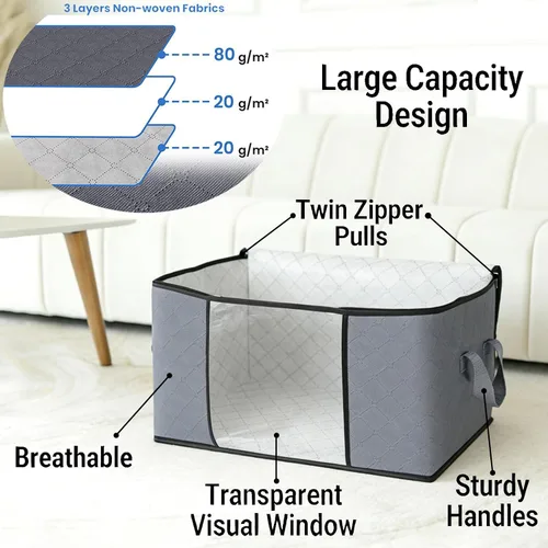 Vista 2 de Bolsas de almacenamiento grises de 90 L con tapas, cremallera y ventana transparente, paquete de 3 organizadores plegables grandes de armario